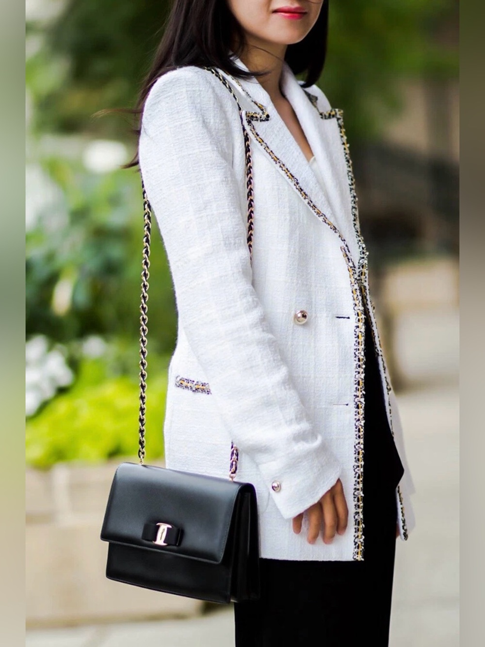 Zara White Tweed Double-Breasted Blazer with Multicolor Trim - Picture 9 of 13